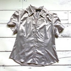 Willi Smith Satin Silver button down fitted dress top business wear Size L
